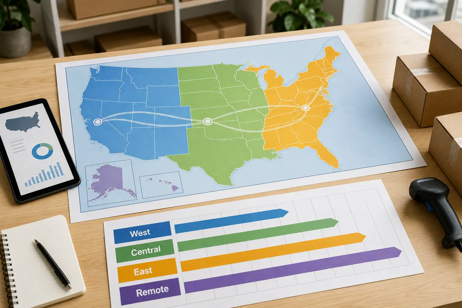 A photorealistic USA regional delivery planning map with West Central East and Remote bands