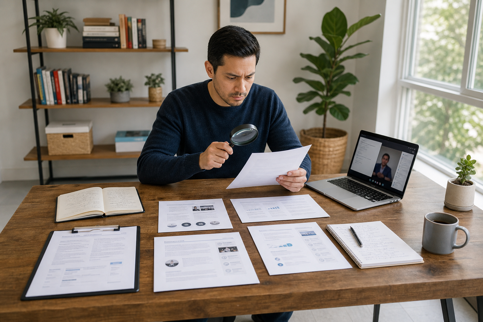 A business owner carefully reviewing a mentorship proposal and due-diligence materials