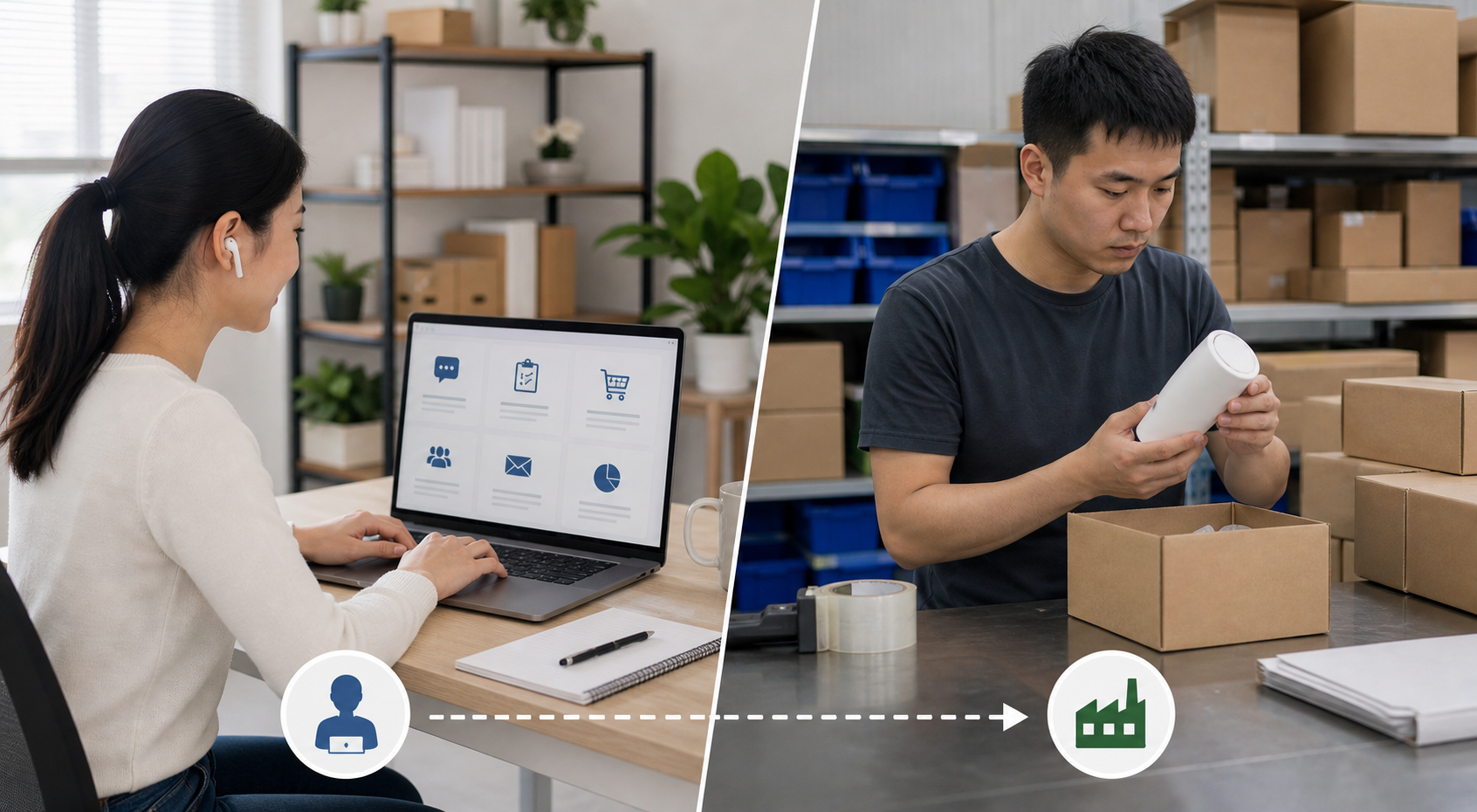A remote assistant organizing instructions while an operations worker physically checks a product sample and packaging