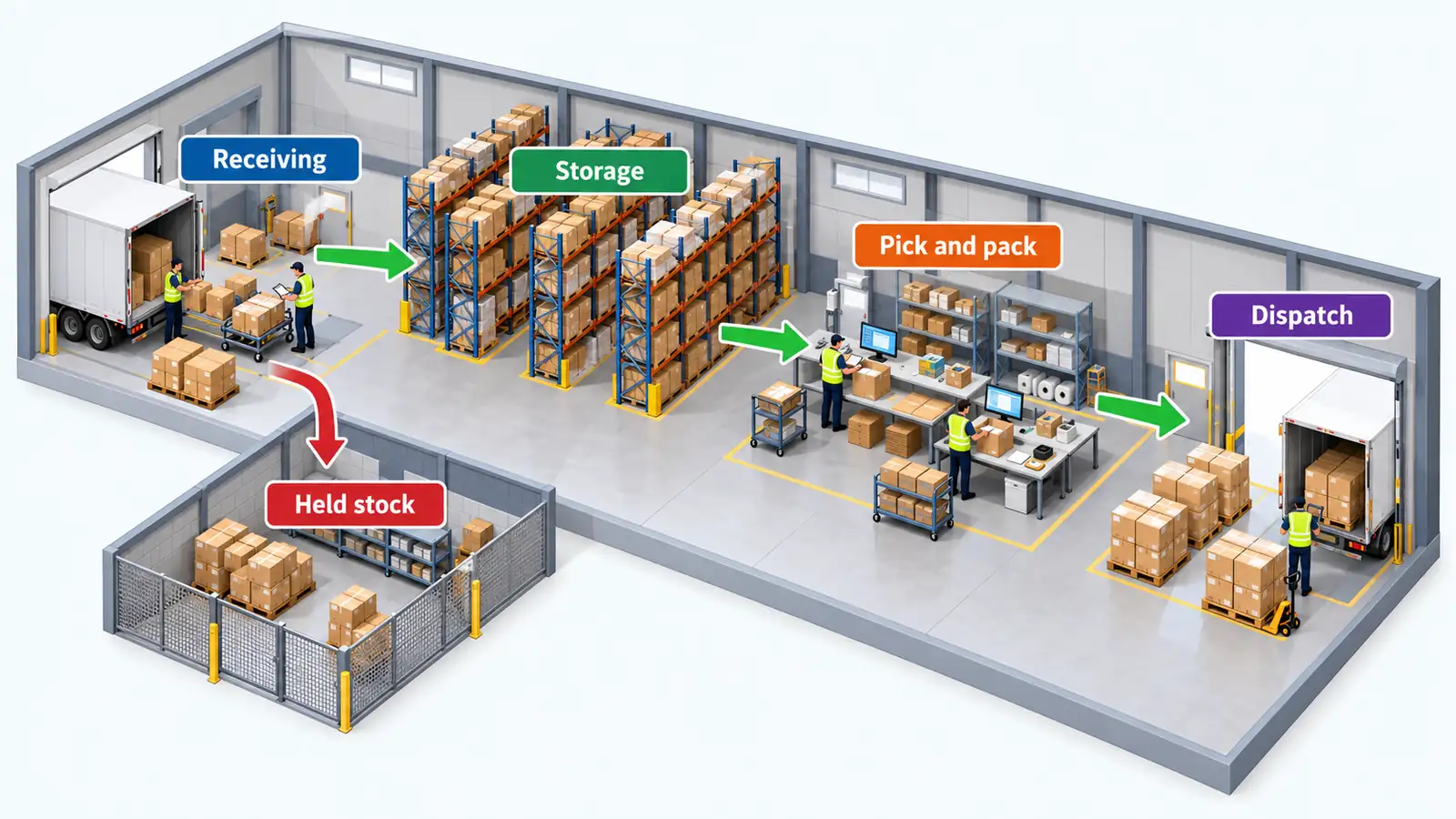 Warehouse flow from receiving to dispatch, with held stock separated
