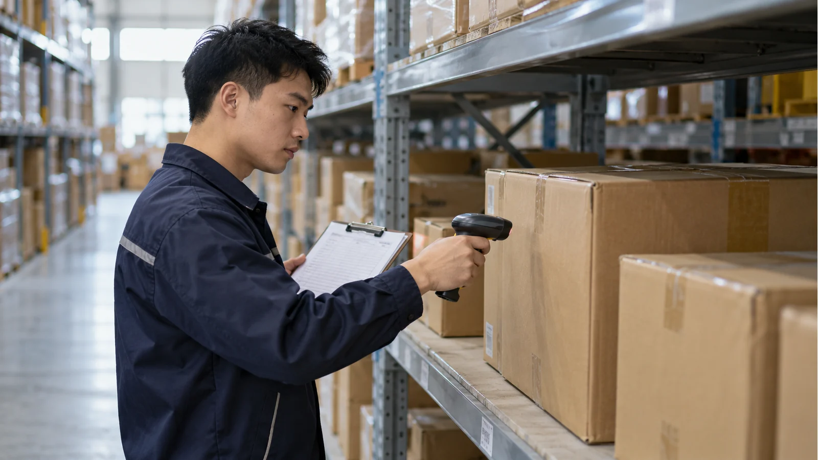 Stock controller checks cartons with a scanner and paper inventory record