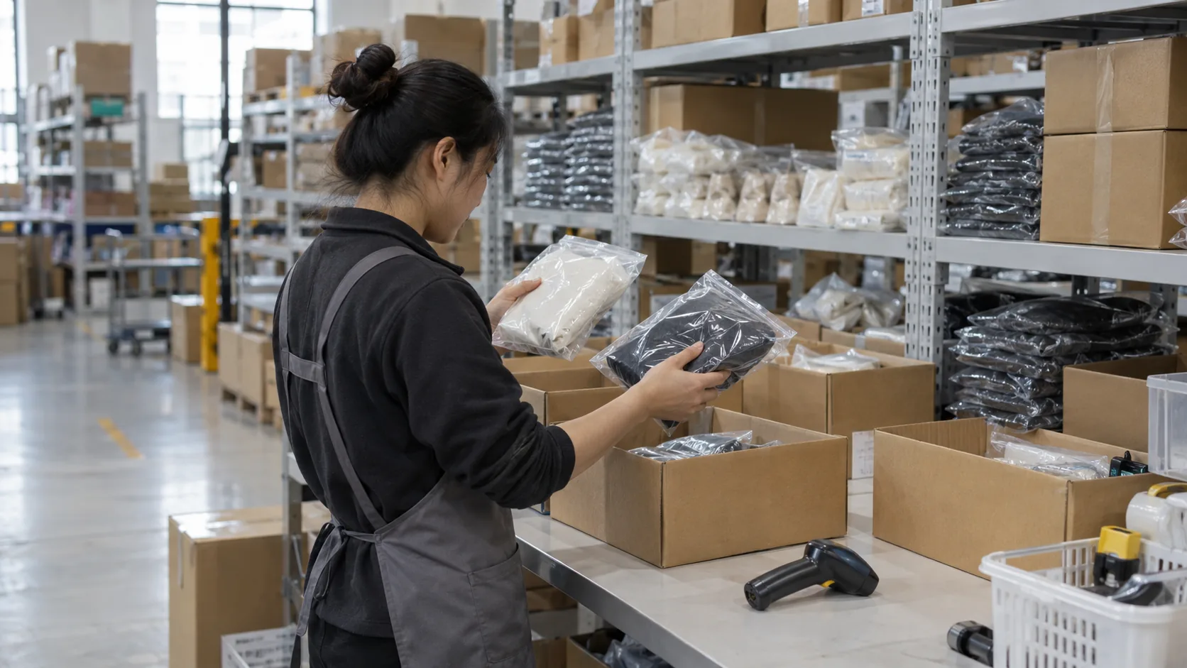 Warehouse worker checking unbranded product stock and order variants