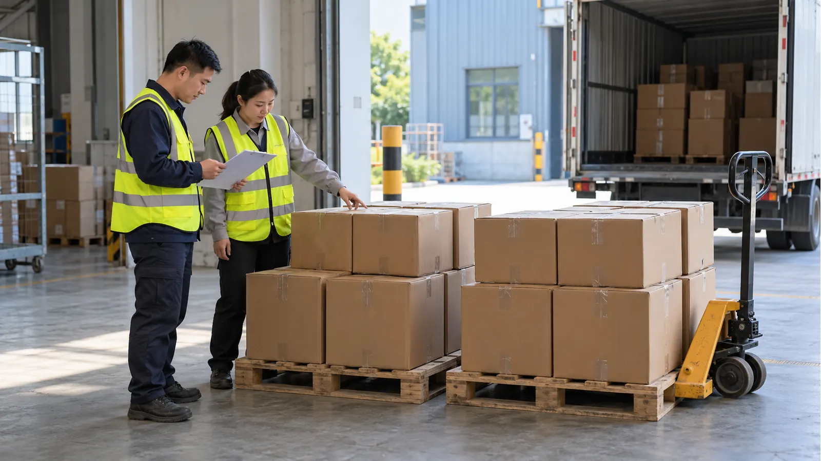 Workers check palletized cartons against a stock-transfer record before collection
