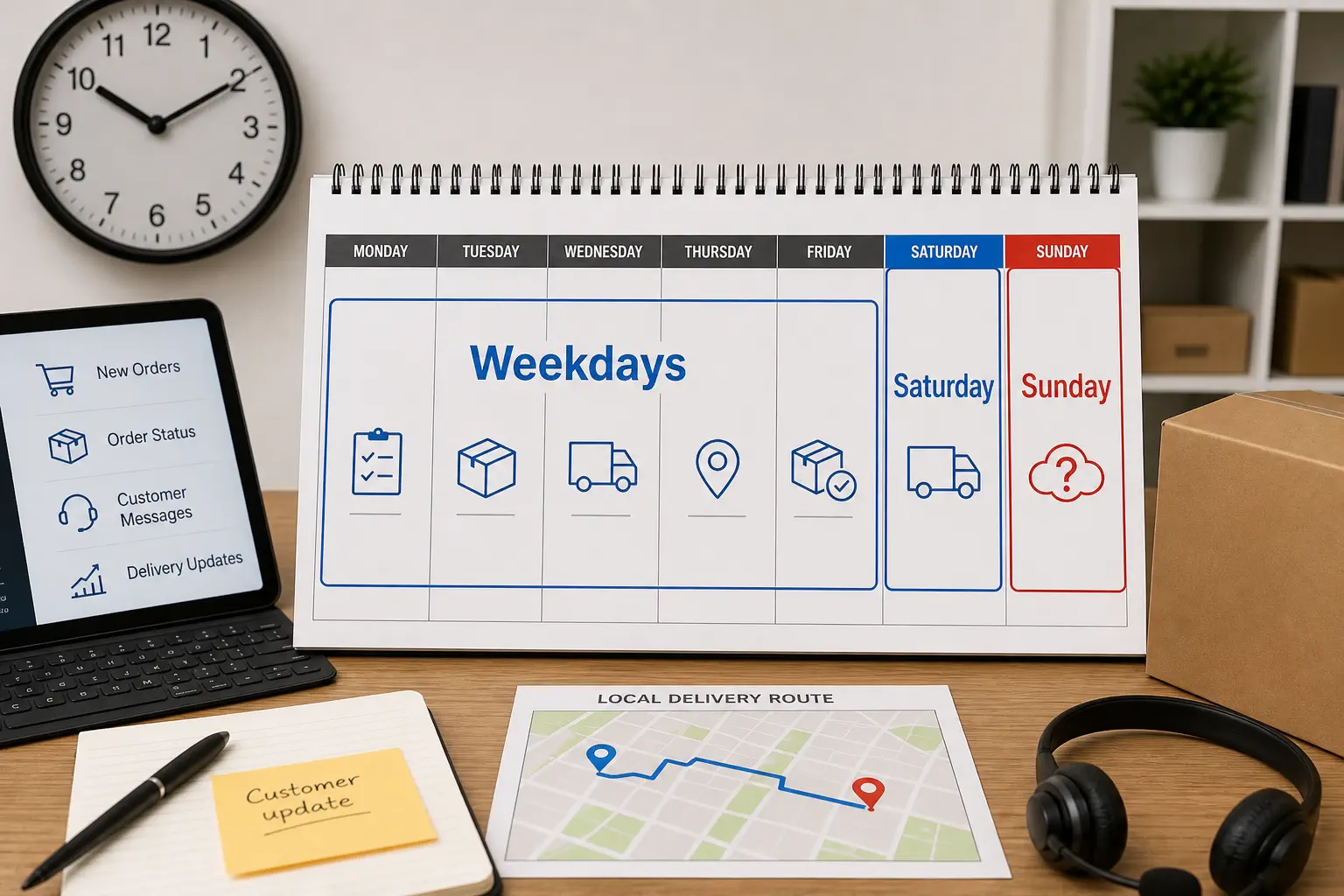 A photorealistic local delivery calendar showing weekdays Saturday and Sunday planning