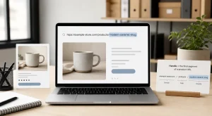 A laptop and product card illustrating the final readable segment of an ecommerce URL