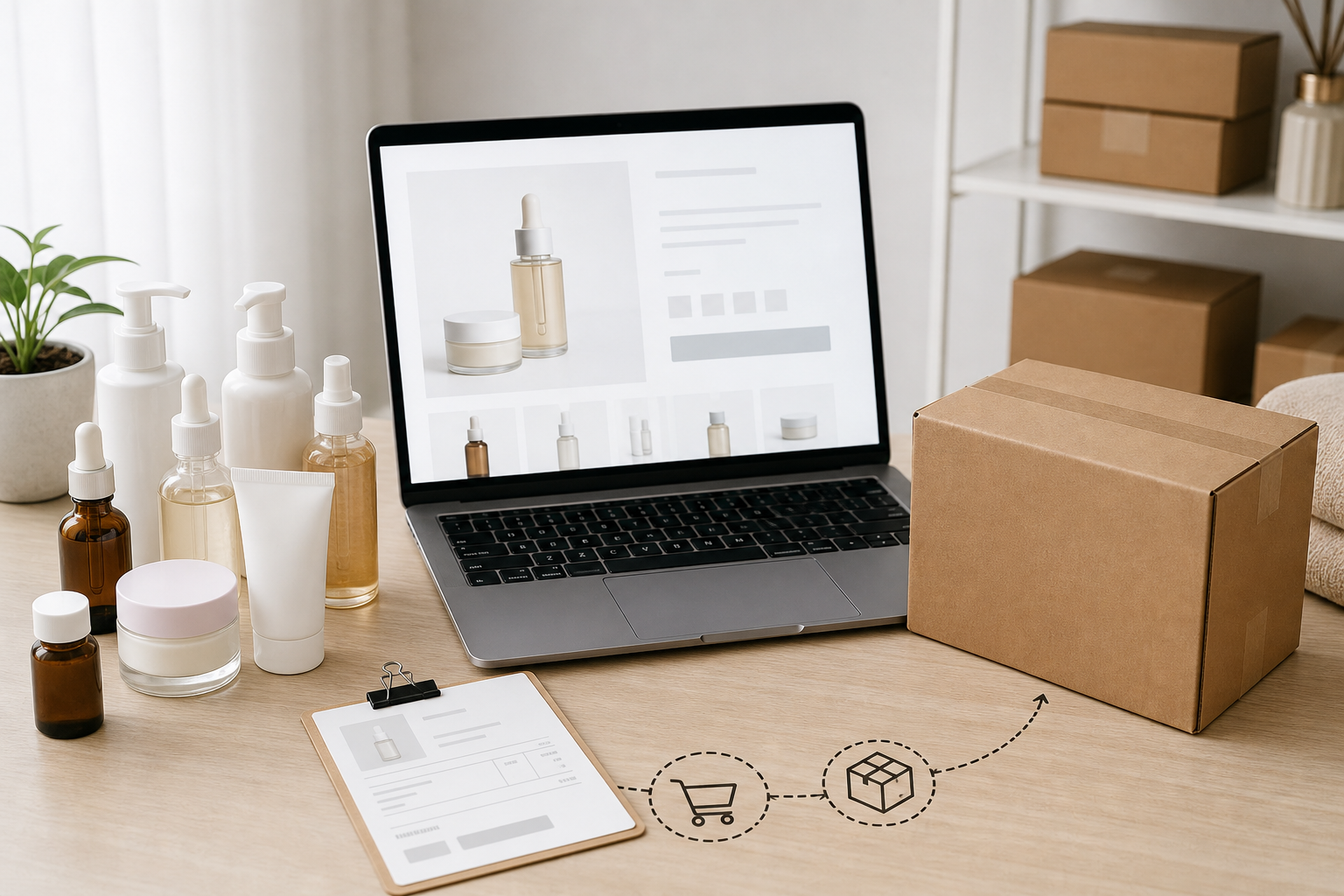 Unbranded skincare products connected to an ecommerce order and parcel workflow