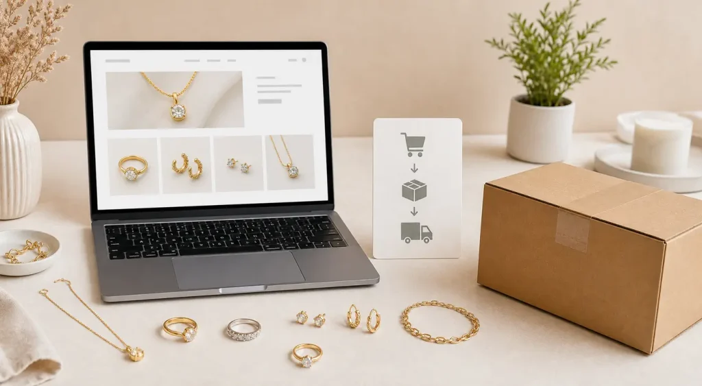 Unbranded jewelry storefront, order flow, and parcel illustrating jewelry dropshipping