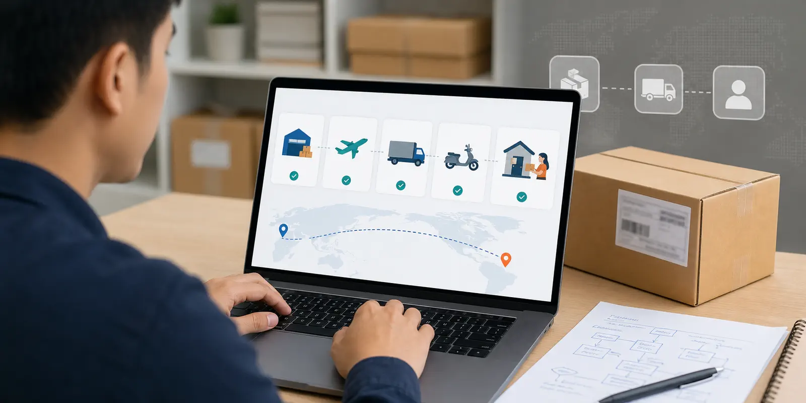 An ecommerce seller reviews a standard cross-border parcel route dashboard
