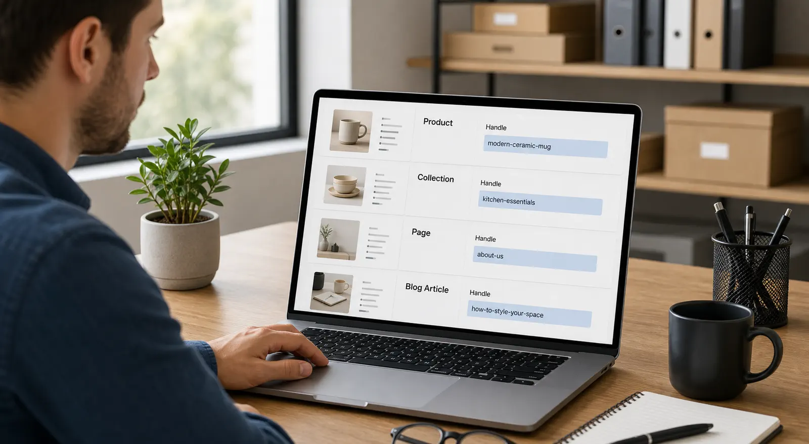 A store operator reviewing generic ecommerce resource settings and a highlighted URL handle field