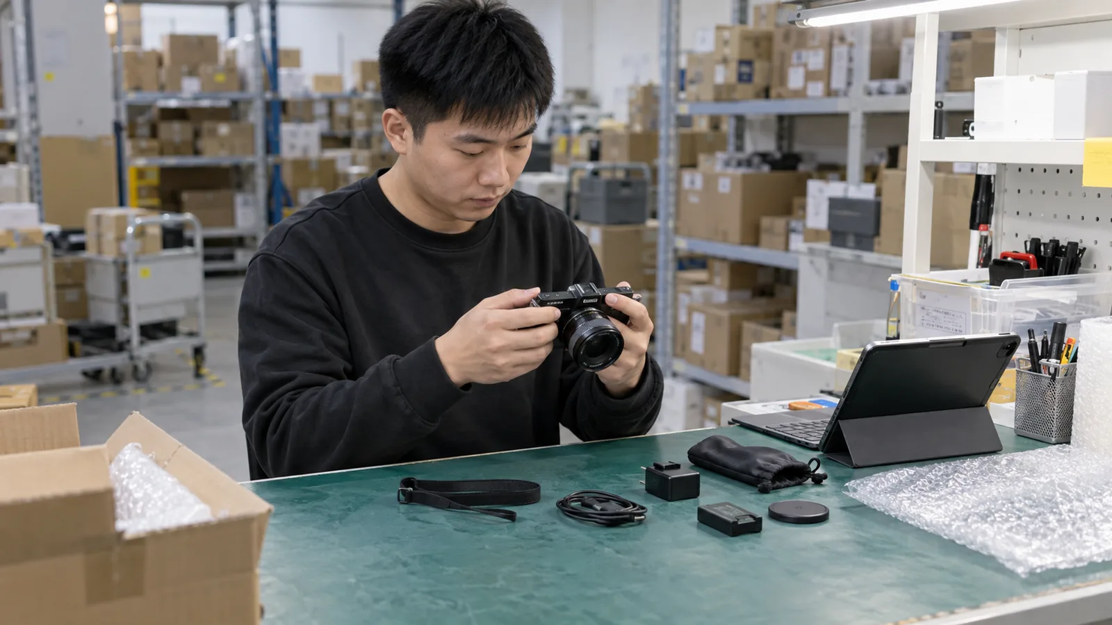 China warehouse inspector examining a camera and accessories at a QC bench