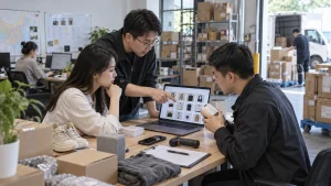 China sourcing team reviewing Xianyu product listings and samples before testing