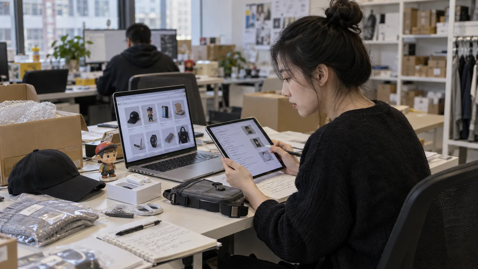 Ecommerce operator comparing a Xianyu listing with product requirements and margin notes
