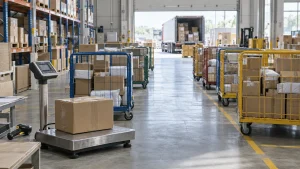 Unbranded parcels sorted on carts beside a scale at a China warehouse dispatch bay