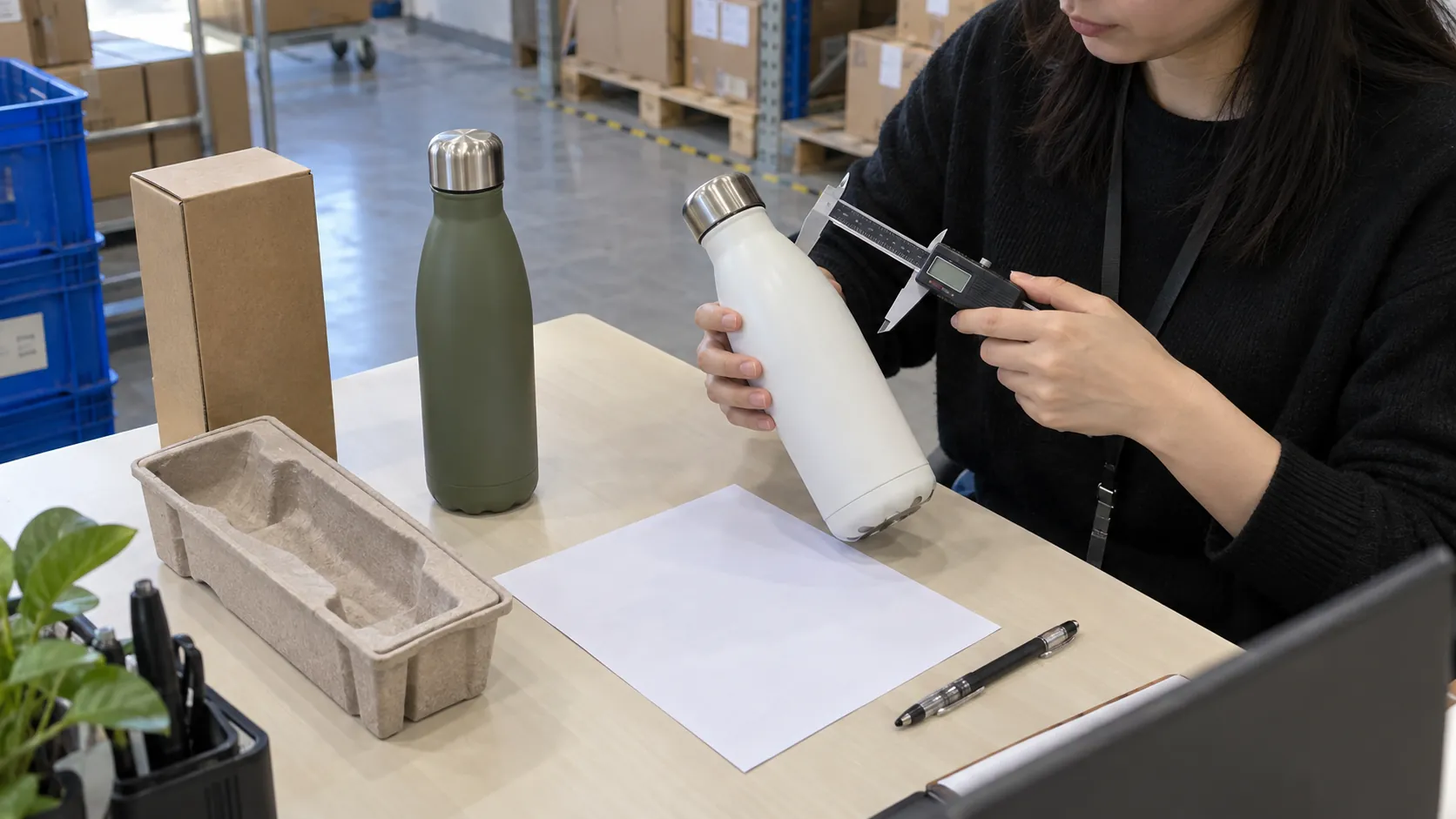 Sourcing specialist comparing two bottle samples and measuring one with a caliper