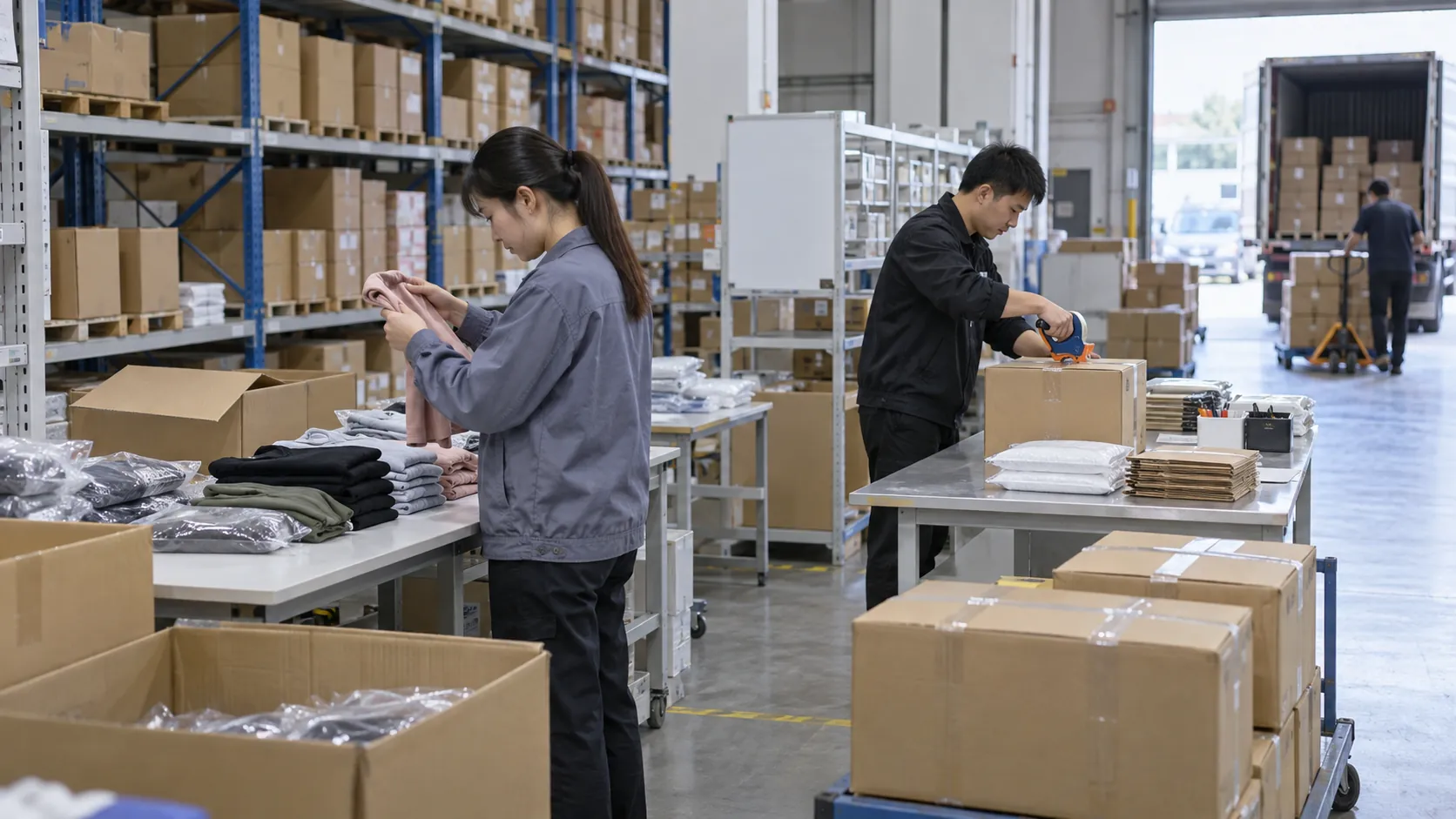 China warehouse staff checking product variants and packed orders at separate workstations